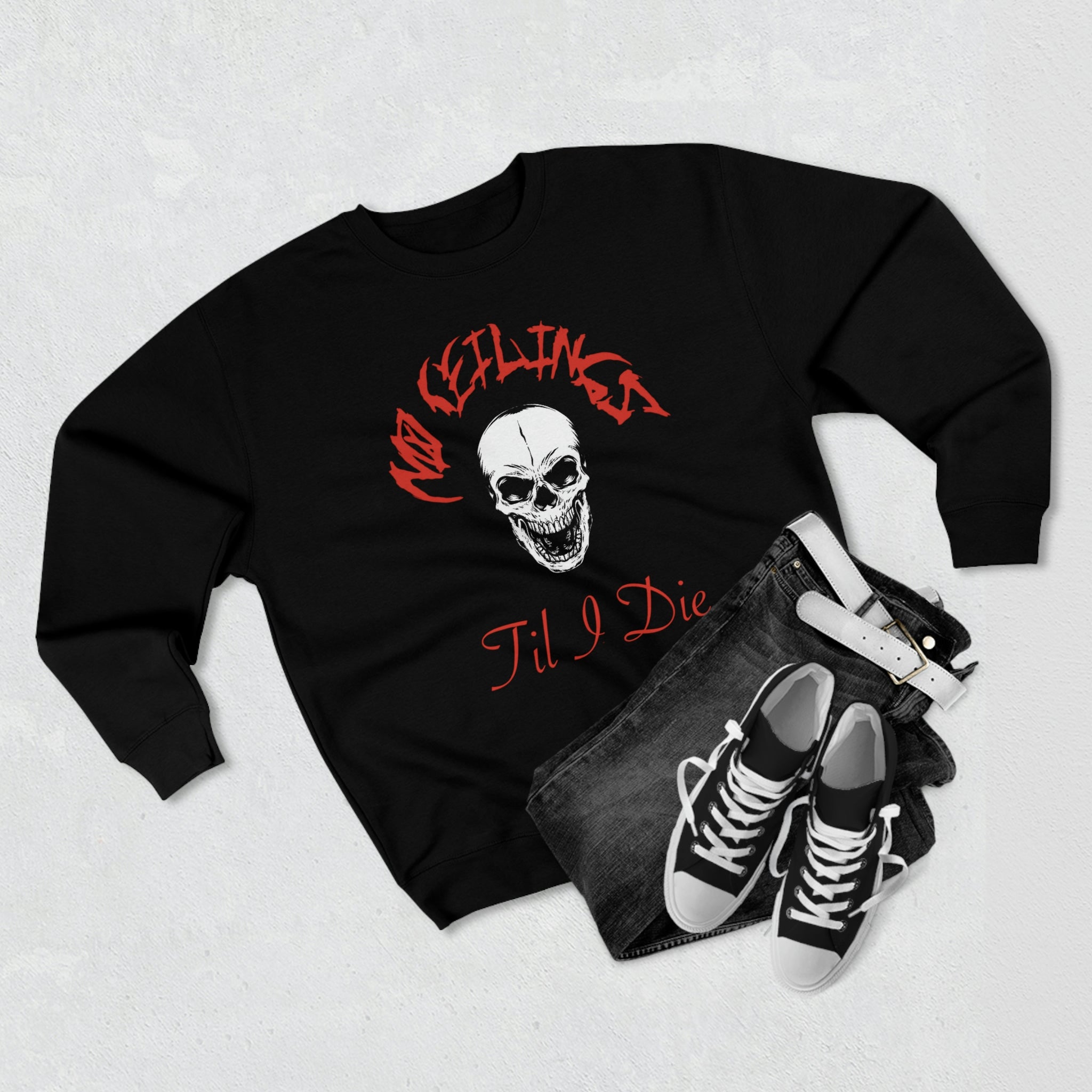 "Til I Die" Blk/Red/Wht Premium Crewneck Sweatshirt - NoCeilingsClothing